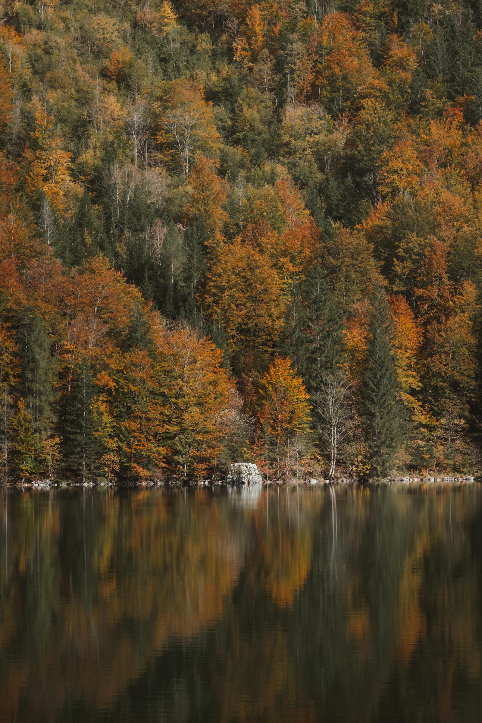 Stunning autumn colors reflect on a tranquil mountain lake in Eisenerz, Austria.