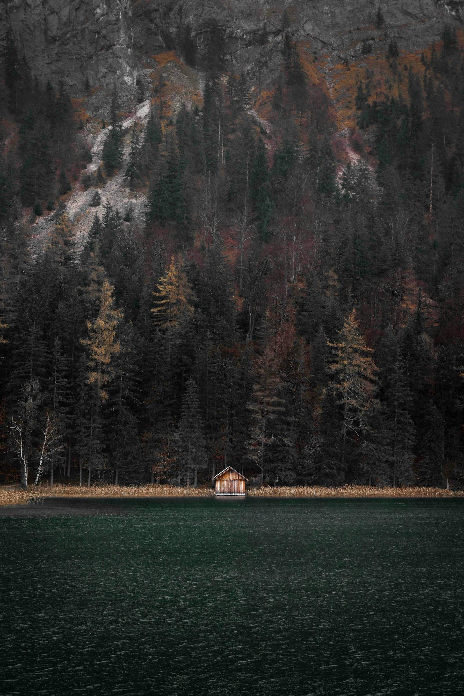 Peaceful cabin by a forest lake, surrounded by mountains in autumn, Styria, Austria.