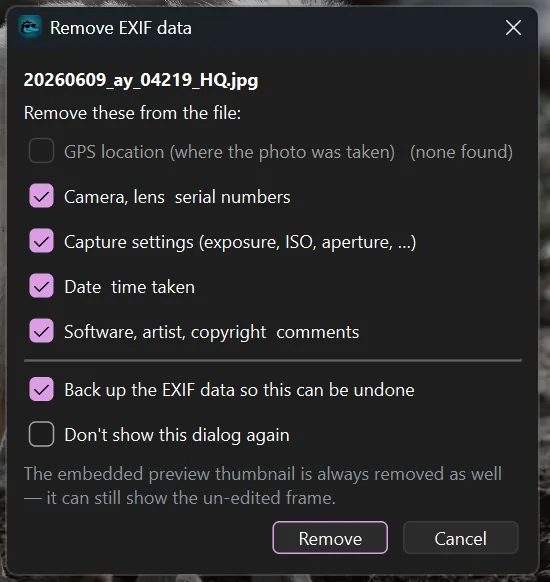 The Remove EXIF data dialog with GPS location greyed out and four groups ticked