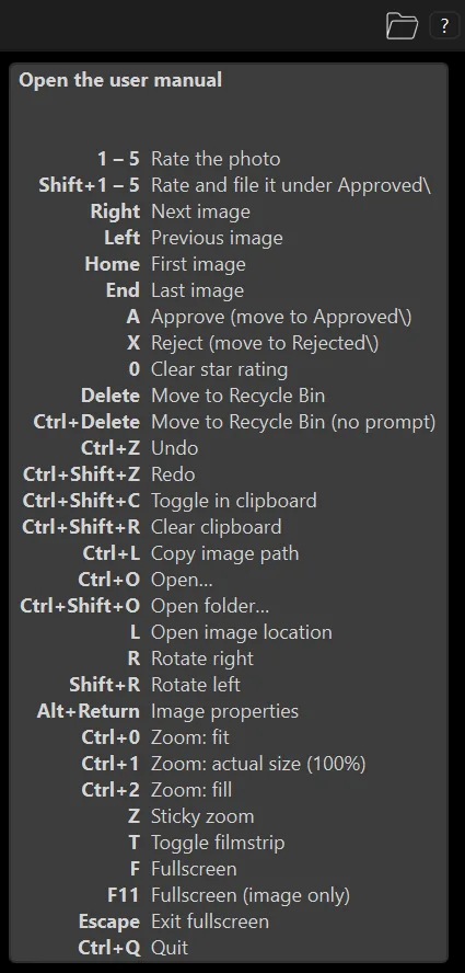 A tooltip listing every keyboard shortcut, shown by hovering the question mark button in the toolbar