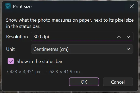 The Print size dialog with 300 dpi and centimetres selected