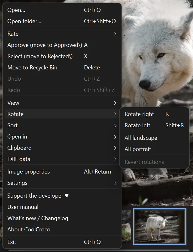 The CoolCroco right-click menu with the Rotate submenu open