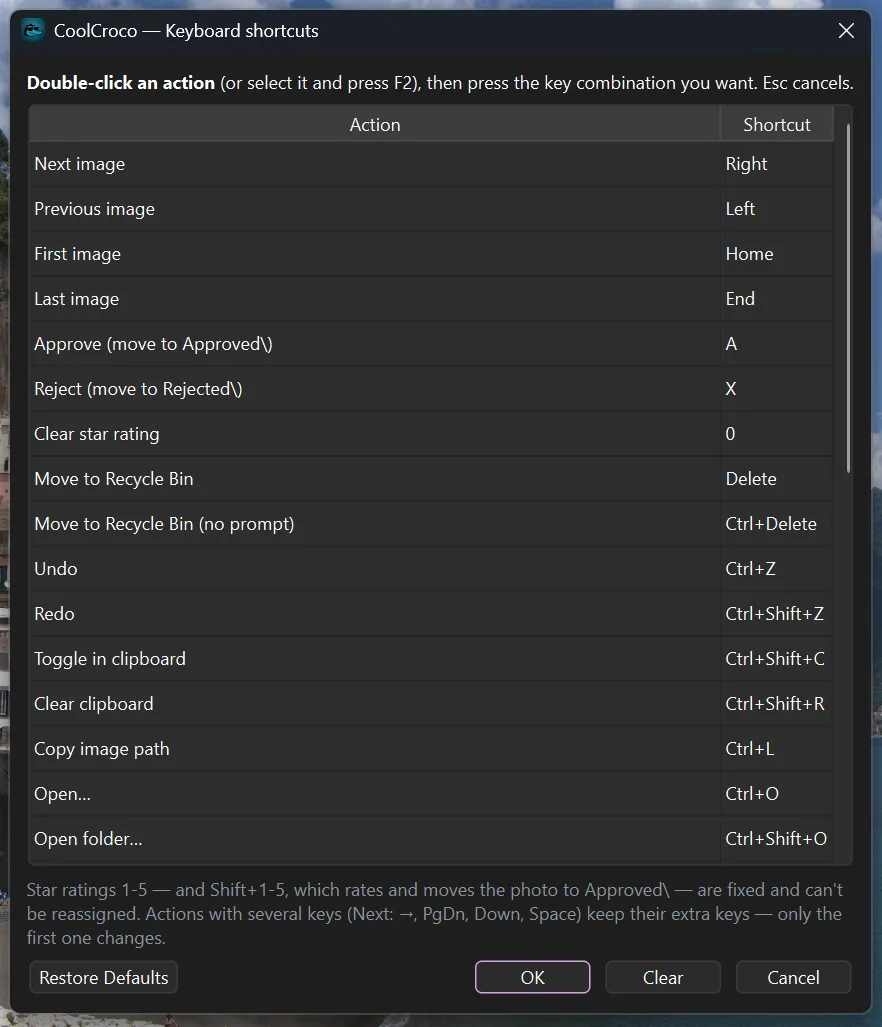 The Keyboard shortcuts dialog listing actions and their keys